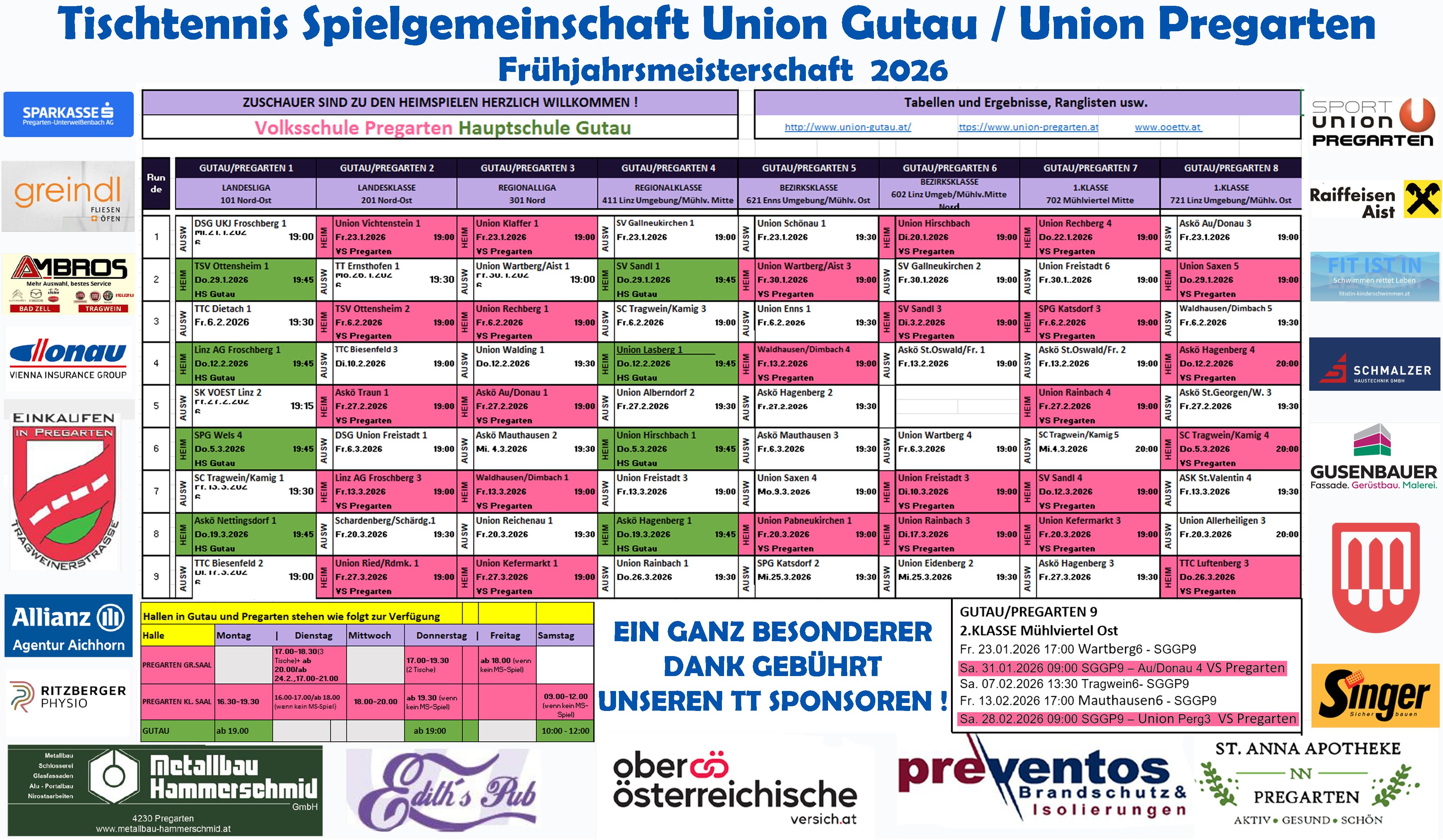 Tischtennis Spielpläne Frühjahr 2026