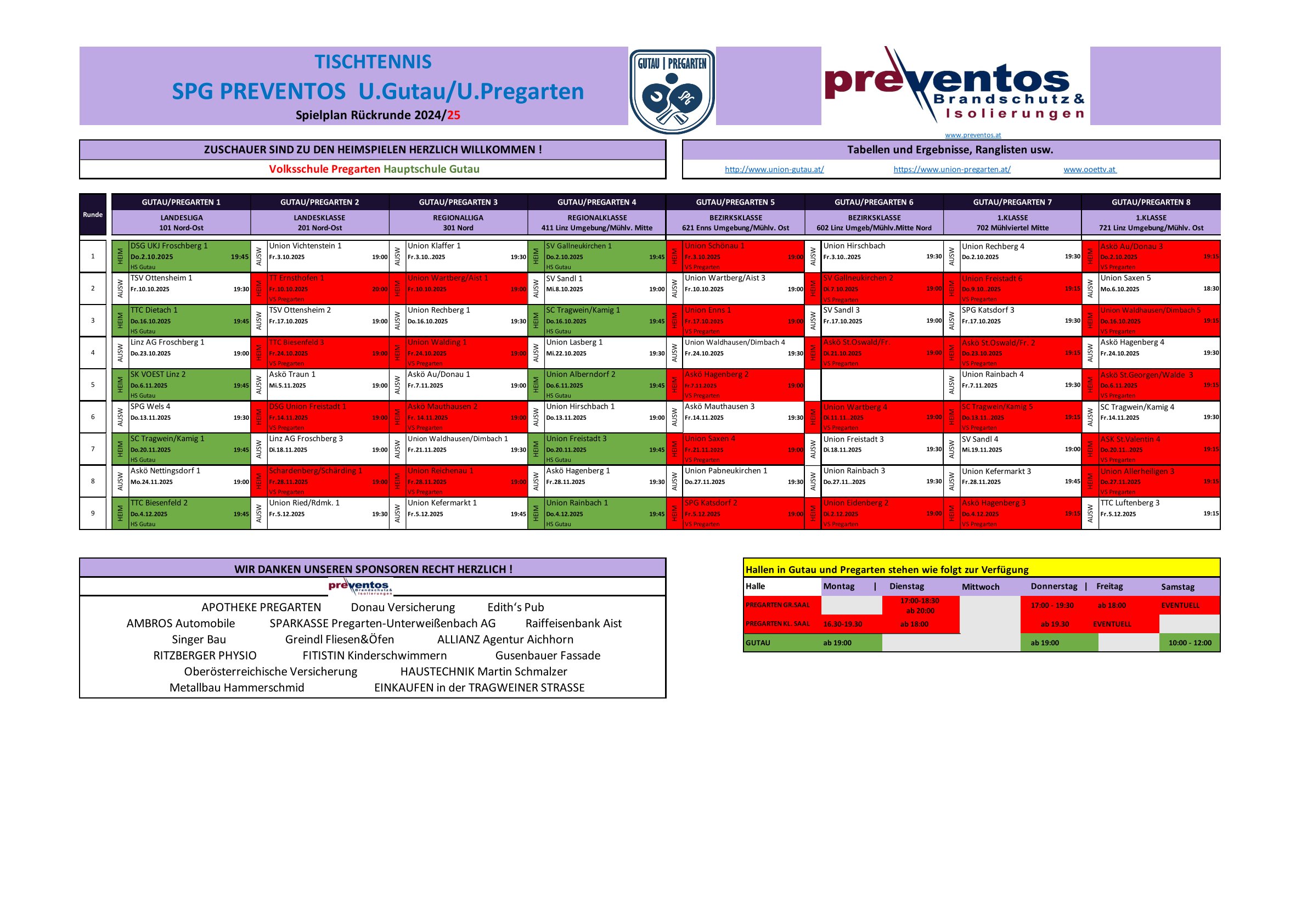Tischtennis Spielpläne Herbst 2025